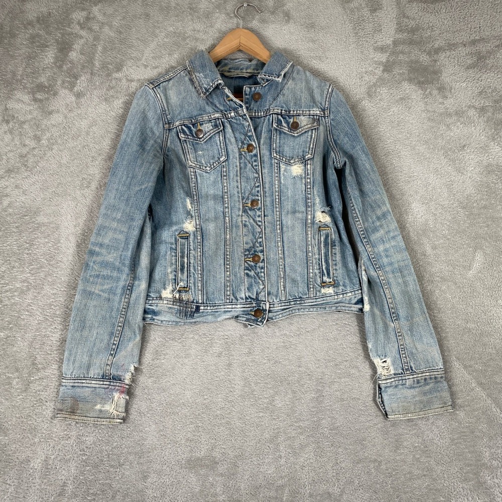 Abercrombie and Fitch Denim Jacket Womens Medium Blue Distressed Grunge Y2K